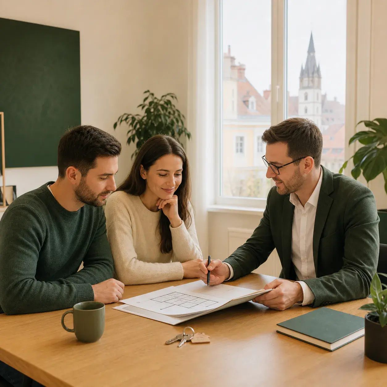 Cuplu discutând opțiunile de finanțare cu un consultant CLS Broker în Sibiu